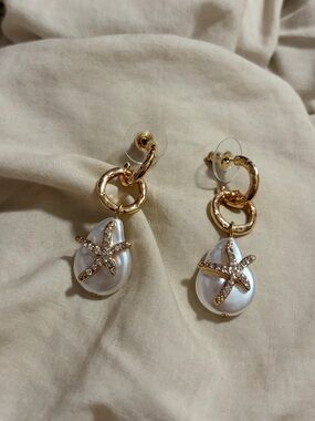Gold Tone Baroque Pearl and Paved Crystal Starfish Dangle Earrings